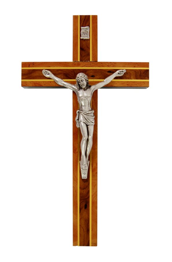 Crucifix bois bicolore, corpus métal arg., 20,3 cm