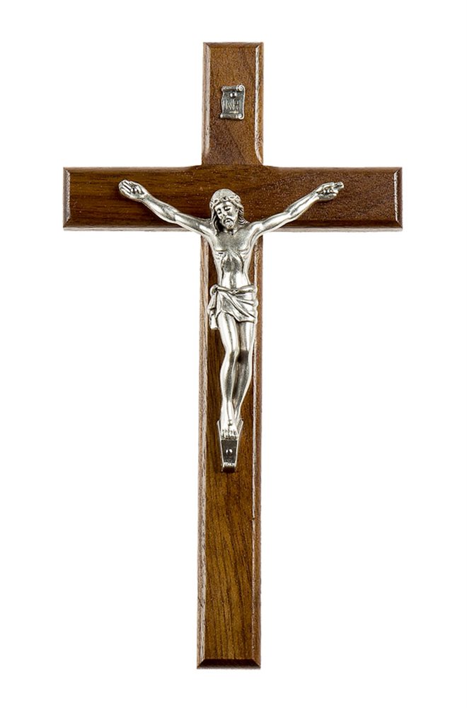 Walnut Crucifix, Silver-Finish Corpus, 8"