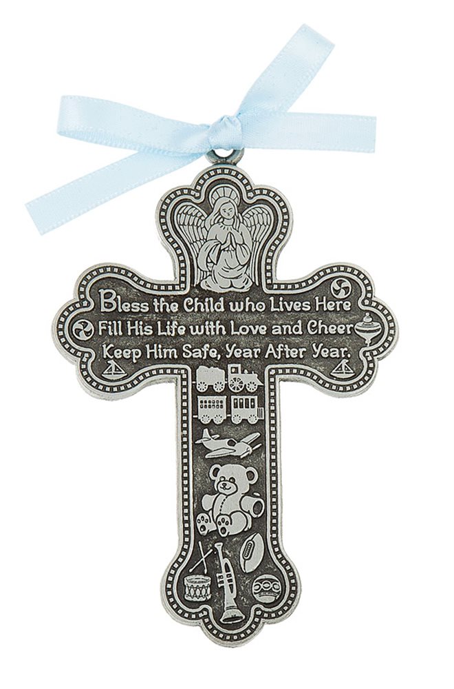 Pewter Cross for Baby Boy, Blue Ribbon, 3½", English / ea