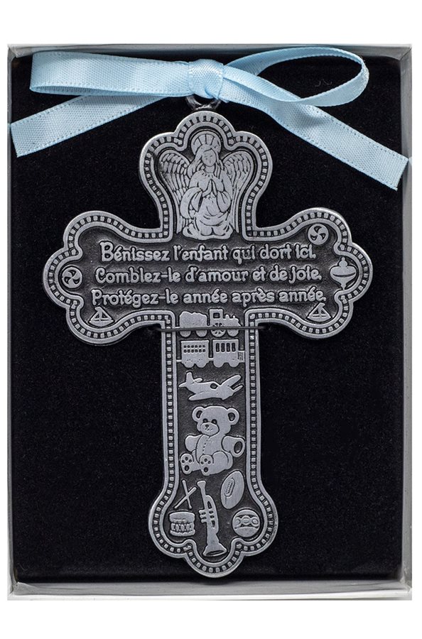 Pewter Cross for Baby Boy, Blue Ribbon, 3½", French / ea