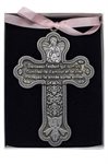 Pewter Cross for Baby Girl, Pink Ribbon, 3½", French  /  ea