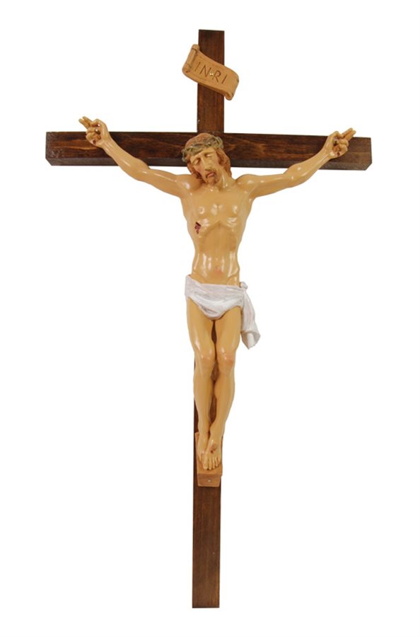 Crucifix en acajou, corpus en résine, 53 cm.
