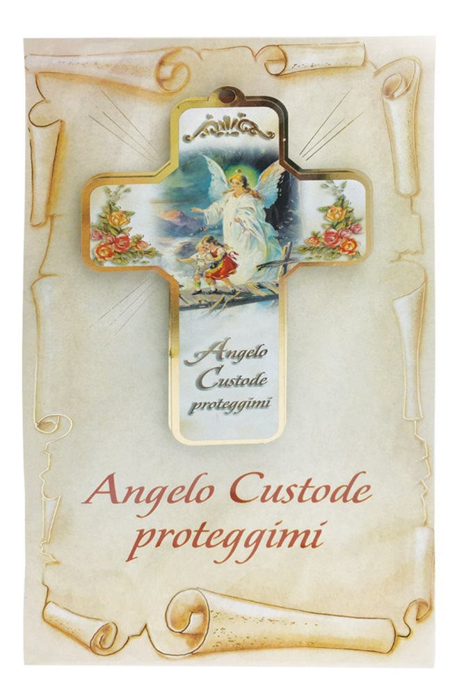 'Guardian Angel'' Wooden Cross, Italian Card, 5"