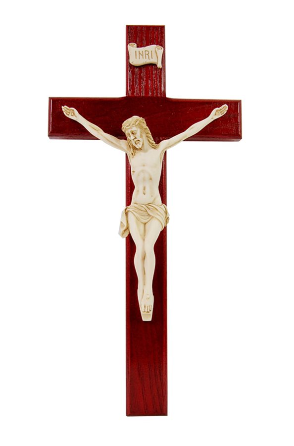 Dark Cherry Wood Crucifix, Resin Corpus, 12"