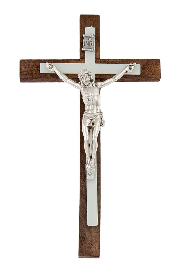 Dark-Col. Wooden Lum. Crucifix, Silv. Corp., 6"