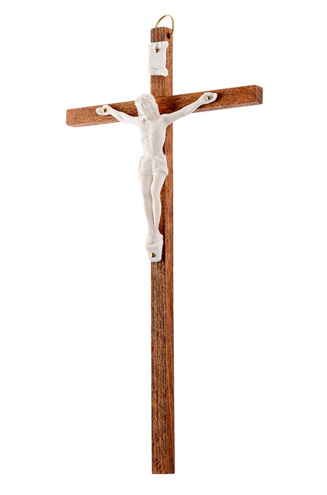 Crucifix bois brun, corpus plastique blanc, 20,3 cm