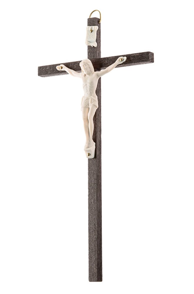 Crucifix bois noir, corpus plastique blanc, 20,3 cm