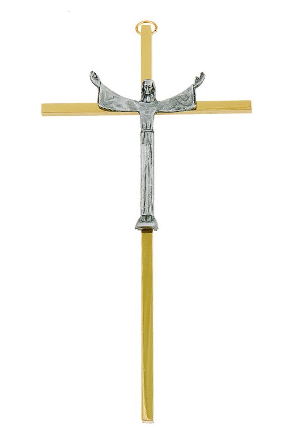Crucifix laiton doré, corpus métal arg., 18 cm