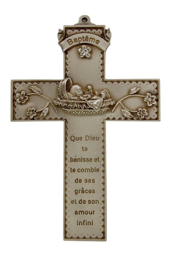 Croix de baptême en étain, 13 cm, Français