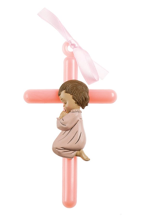 Croix baptême fille plastique rose, ruban rose 15 cm