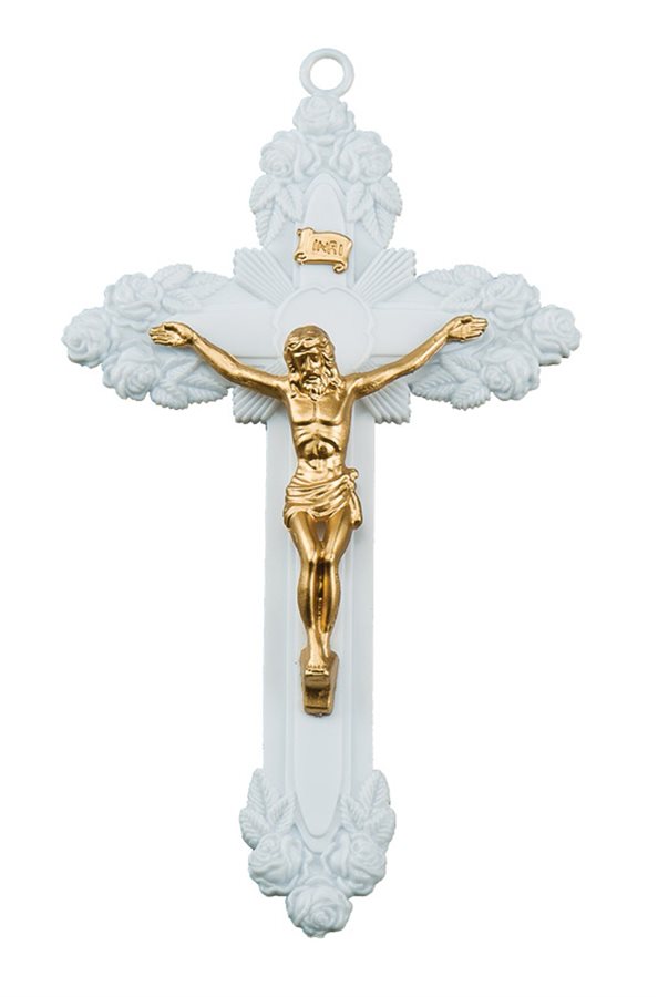 Opaque White plastique Crucifix, Golden Corpus, 6"