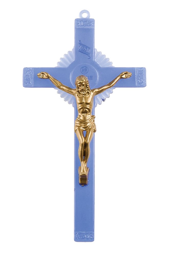 Crucifix en plastique bleu, corpus doré, 15,2 cm