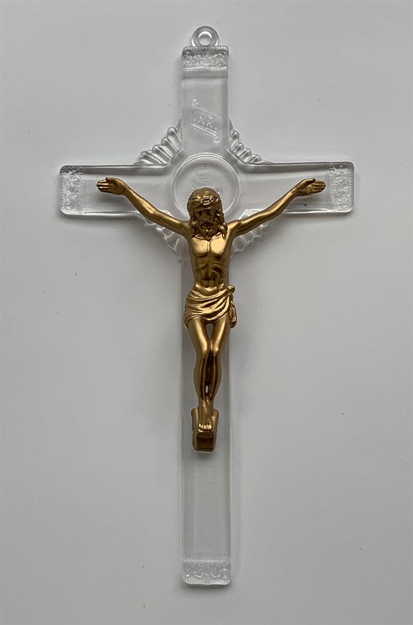 Crucifix en plastique cristal 14,5 cm, corpus bronze