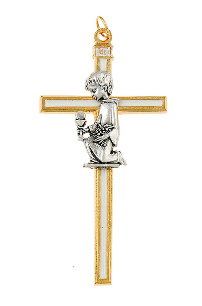 Gilt & White Enamel Metal Cross, Pwtr Boy, 3½"