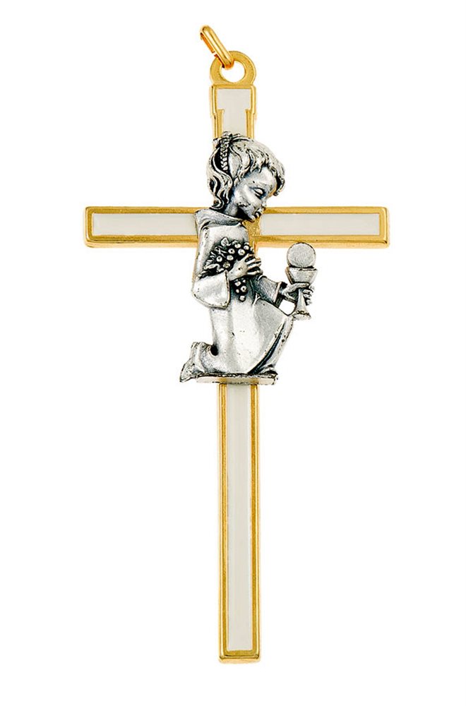 Gilt & White Enamel Metal Cross, Pewter Girl, 5"