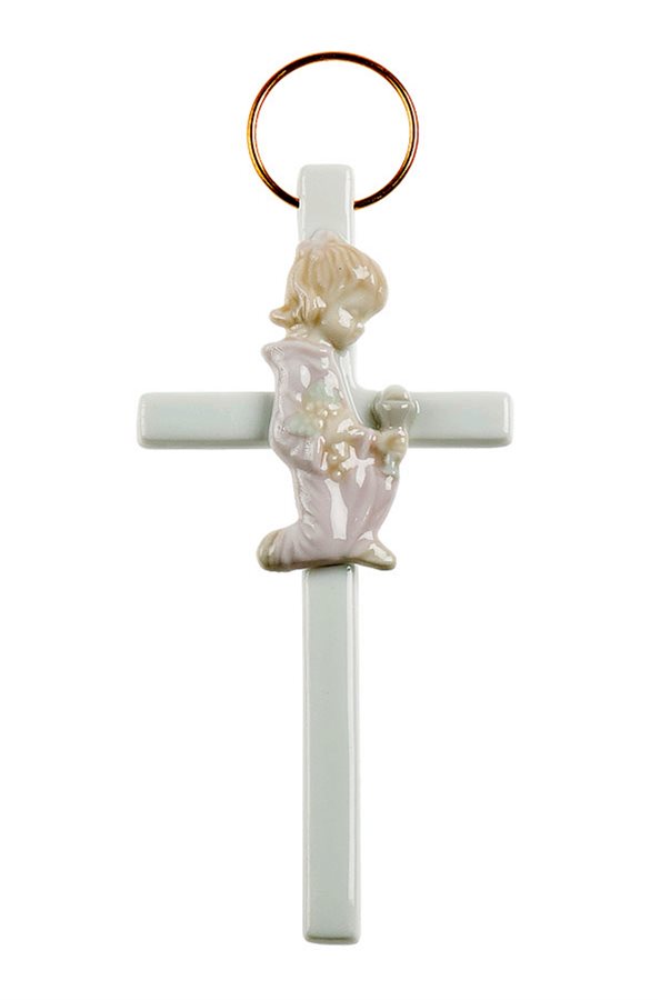 Porcelain Cross with Blue & Pink Girl, 5½"