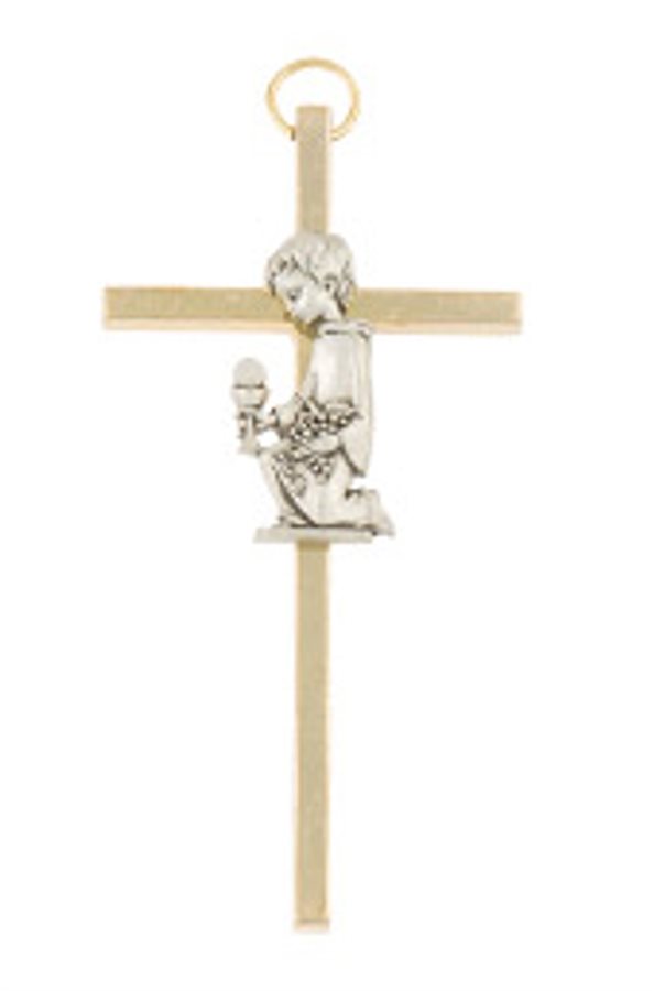 Croix en métal doré avec garçon argenté, 8 cm