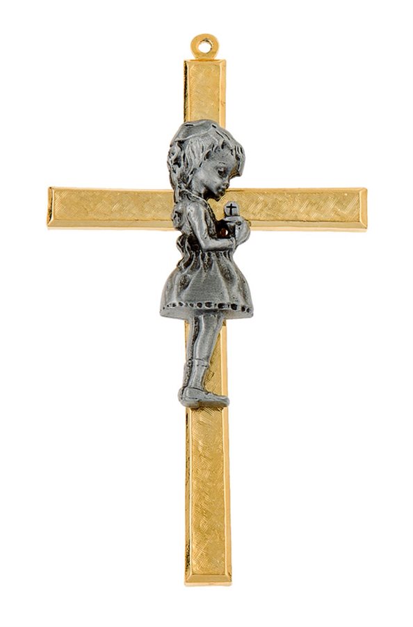 Croix 1ère Communion, métal bicolore, fillette, 10 cm