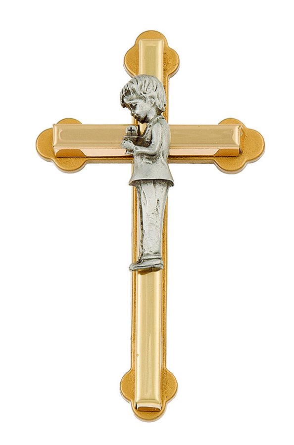 Croix en métal bicolore avec garçon, 11,5 cm
