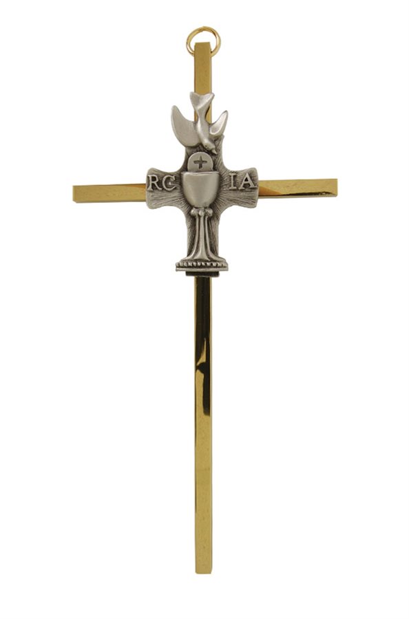 Croix «RCIA» métal bicolore, calice arg., 15,2 cm, Anglais