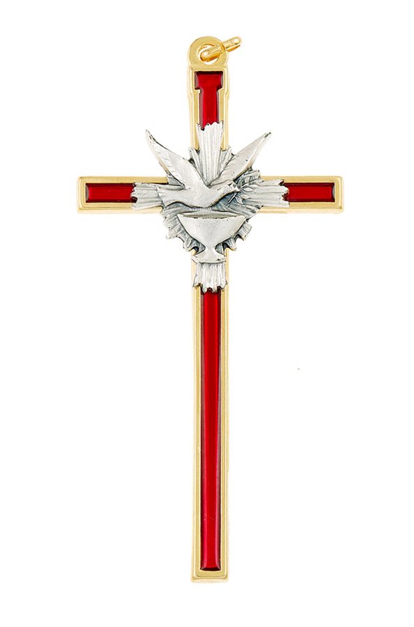 Gilt & Red Enml Cross, Pewter Chalice & Dove, 5"