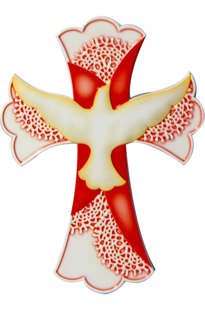 Croix Confirmation, effet porcel. et dentelle, 14cm