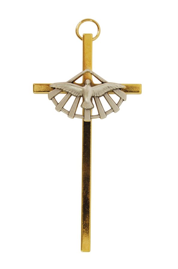 Gold-Plated Confirmation Cross. w / Silver Dove, 3¼"
