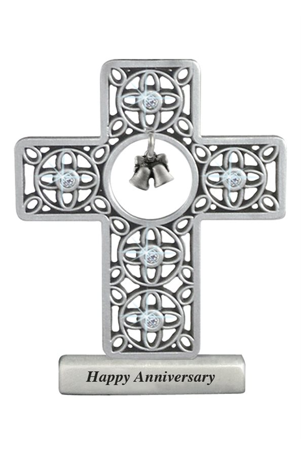 Croix anniv. mariage, cristal, étain, 7,6 cm, Anglais