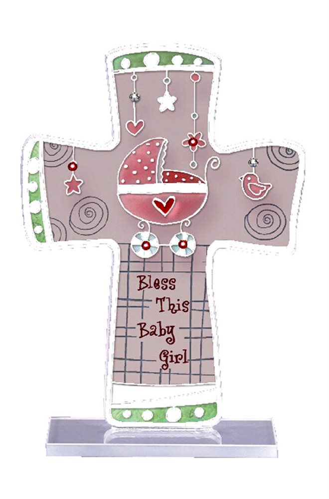 Baby Girl Glass Cross, 6'', English