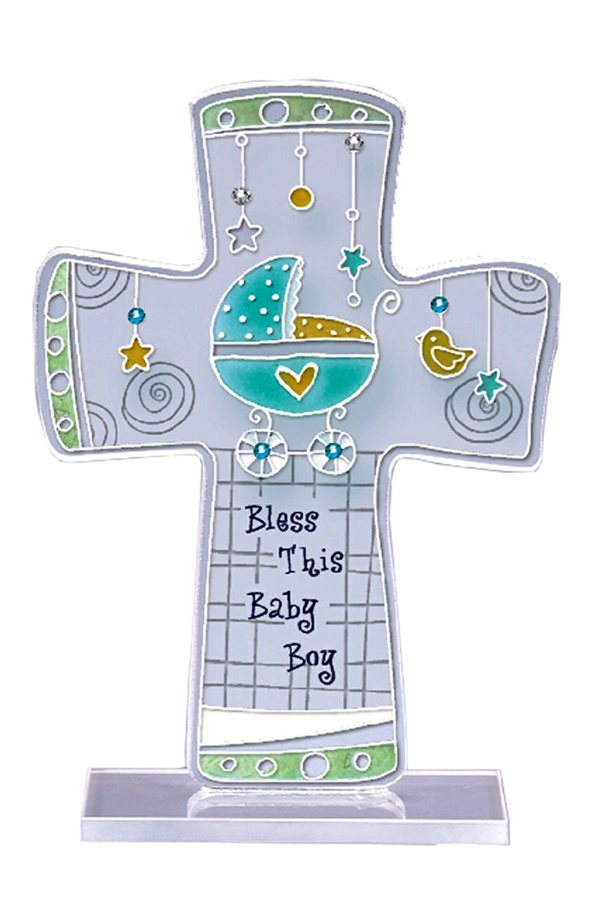Croix baptême en verre bébé garçon, 15 cm, Anglais