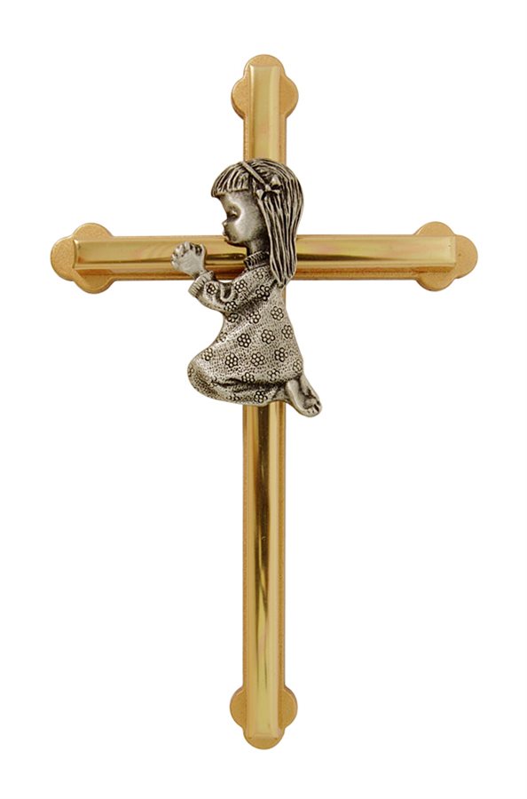 Croix baptême en métal bicolore, fille en prière, 15 cm