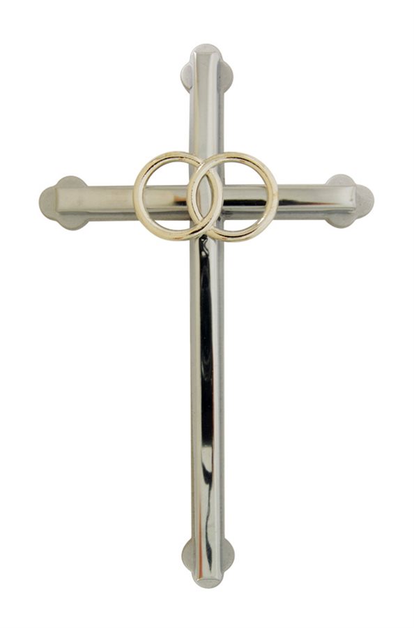 Croix mariage avec alliances, métal arg., 15 cm