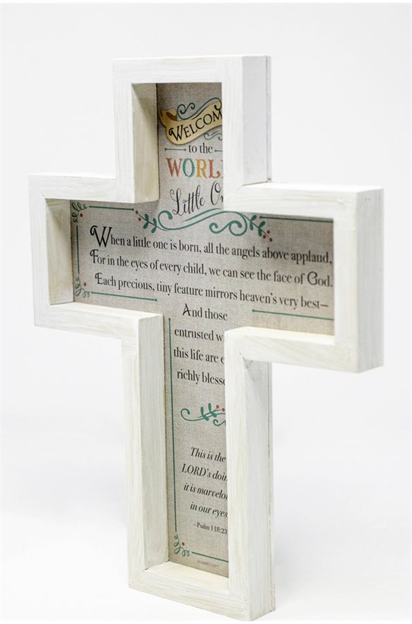 Croix baptême "Welcom to the world", bois, 28 cm, Anglais