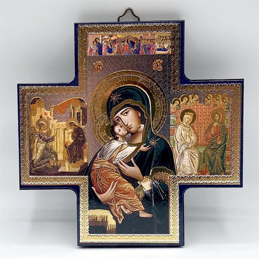 Croix icône en bois Vierge tendresse 15 x 15 cm