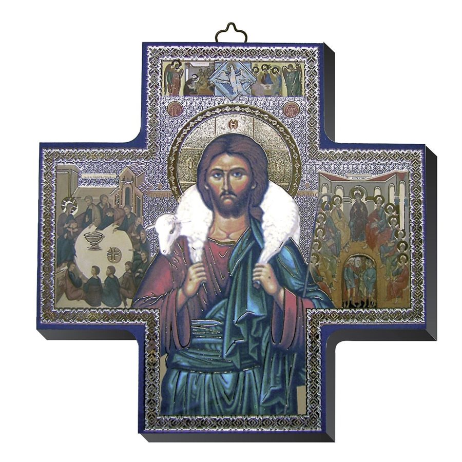 Croix icône en bois Bon pasteur 15 x 15 cm