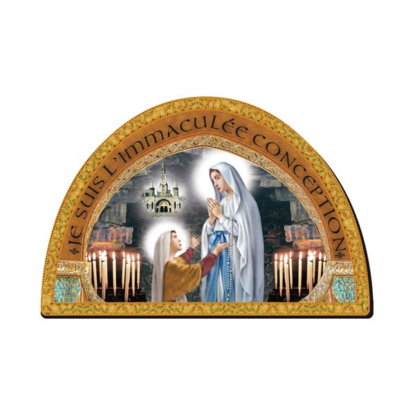 Plaque sur bois, «Lourdes», estamp. doré, 18 x 12 cm