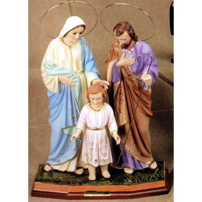 Statue Sainte Famille 11" (28 cm) base en bois yeux de verre