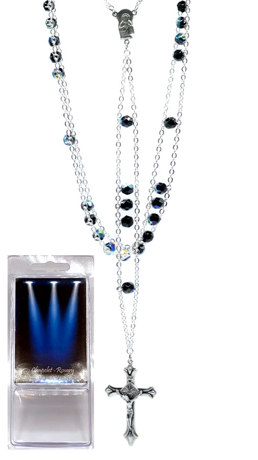 Boxed Ladder Rosary, 7mm Black Glass Beads, 20"