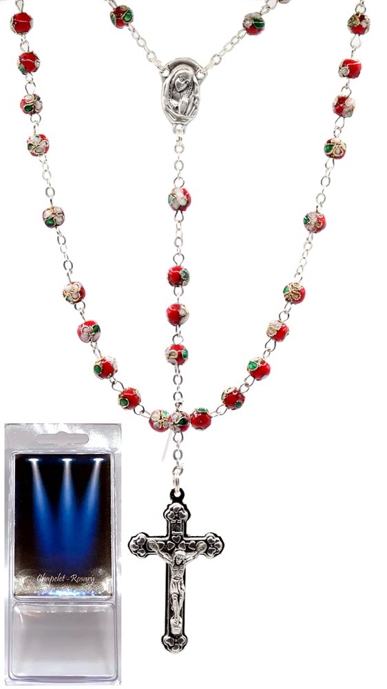 Boxed Rosary, 6 mm Red Glass Beads, 16"