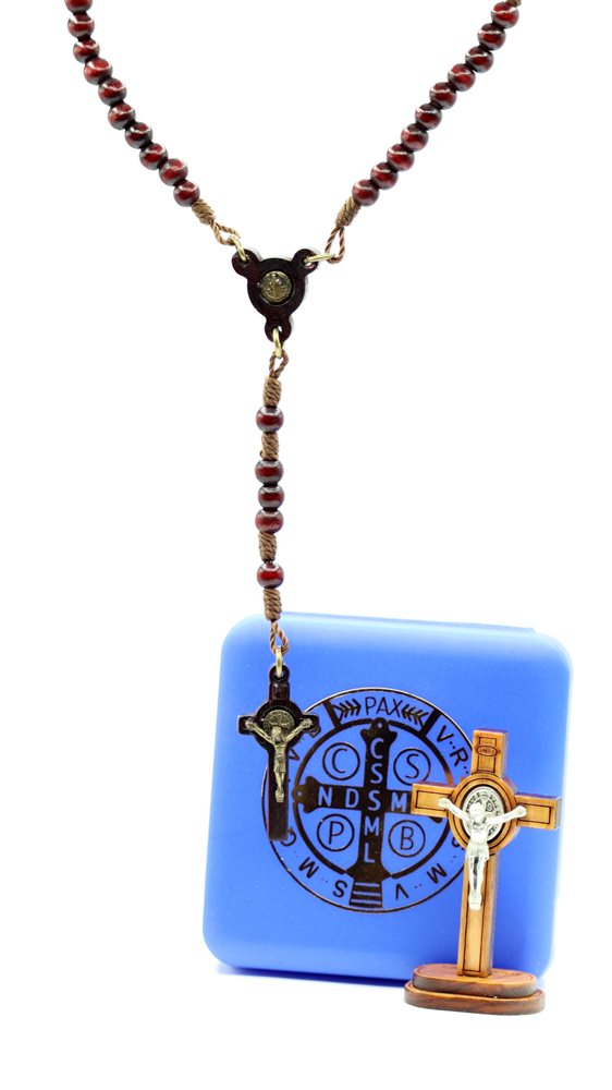 St. Benedict Gift box, wooden rosary and crucifix