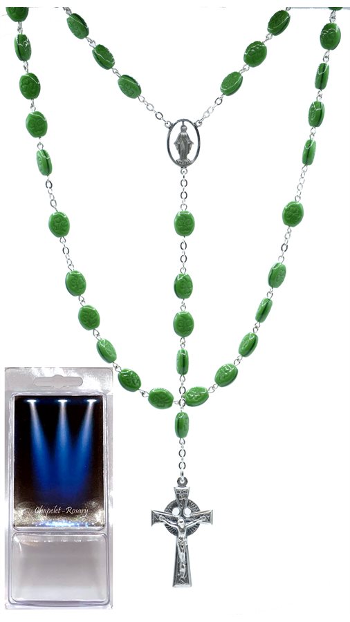 Boxed Rosary, Irish Clover, Green Beads, 25¼"