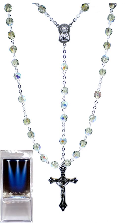 Boxed Rosary, 7 mm Grey Glass Beads, 19½"