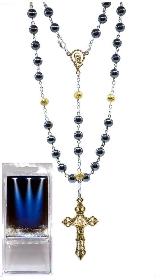 Bxd rosary, 6 mm, hematite & gold, golden cross