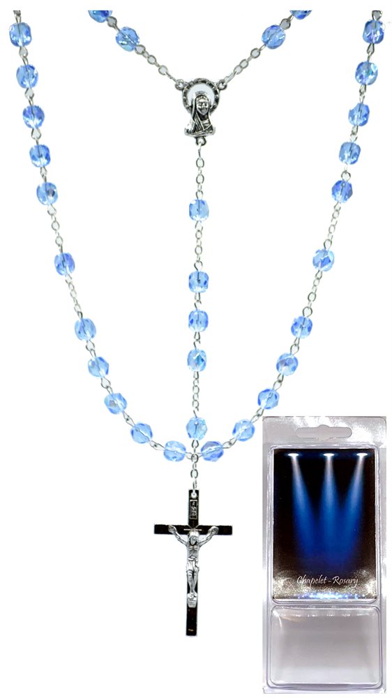 Rosary, 6 mm Blue Glass Beads, S-F Cross, 18"