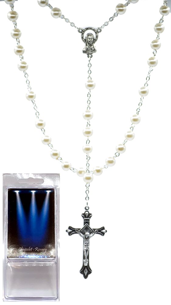 Boxed Rosary, 5.5 mm White Beads, 2-Tone Cross