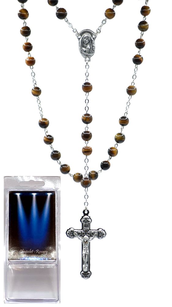 Boxed Rosary, 6mm Tiger Eye Beads, S-F Cross