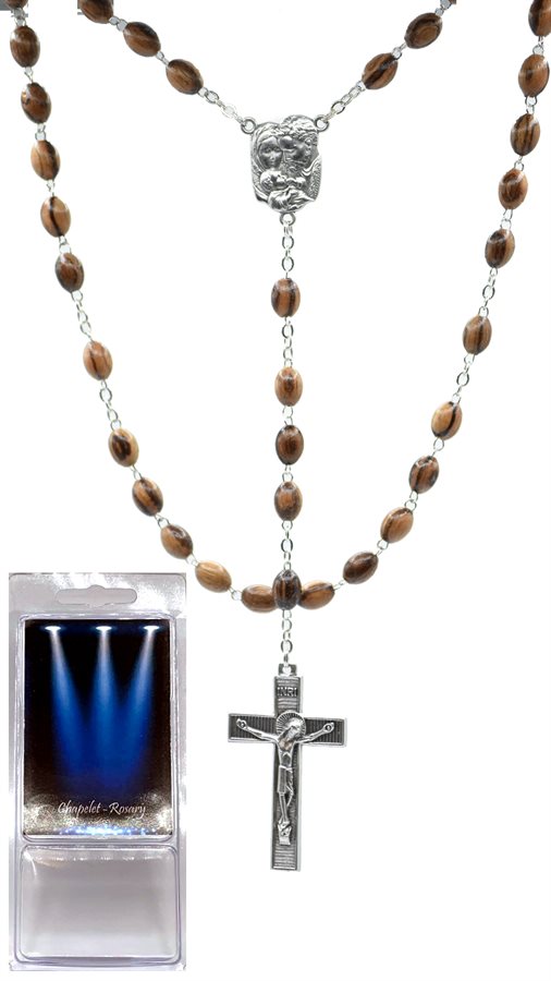 Boxed Rosary, 6mm Striped Walnut Beads, Silver Finis