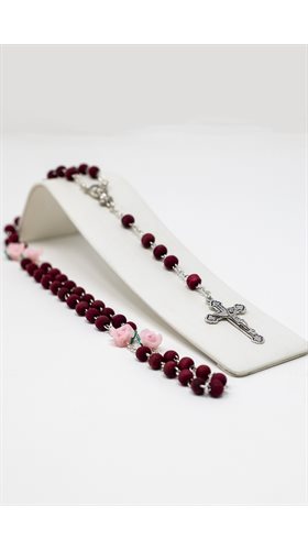 Boxed rosary in rosewood 6mm and roses, silver