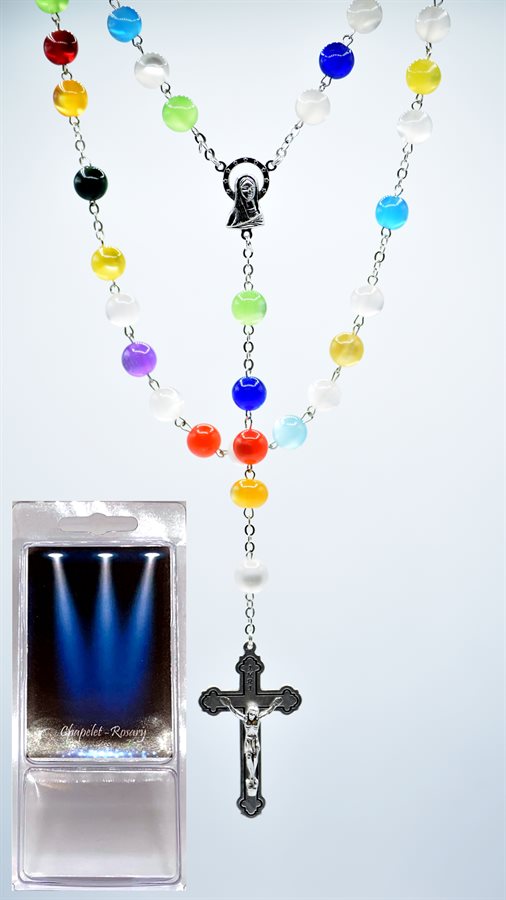 Boxed Rosary, 7mm Col. Glass Beads, S-F Cross, 18''