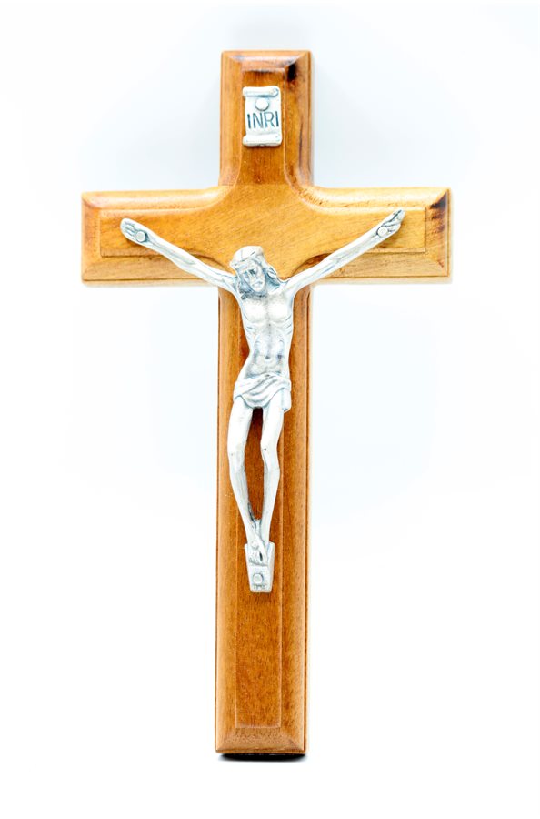 Wood Crucifix 9 x 17 cm, Silver Finish Metal Corpus